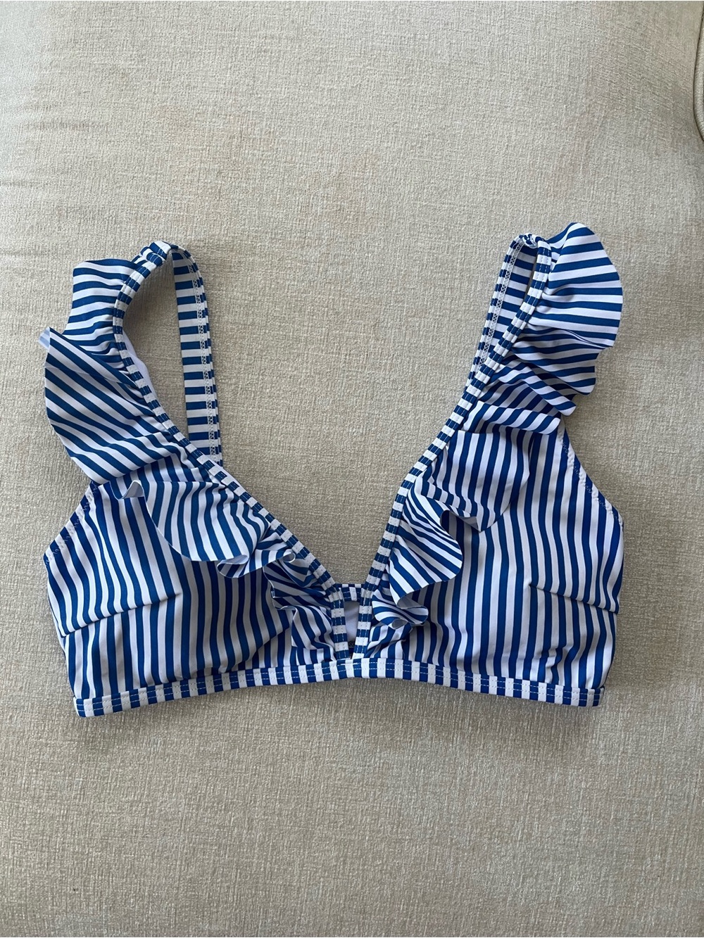 Striped Ruffle Bikini Top - Blue and White